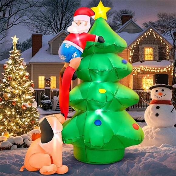 Coolmade 6FT Xmas Giant Santa Claus Inflatables with LED  6FT Christmas Inflatable Santa Claus with Tree Outdoor Santa Built-in LED Lights
